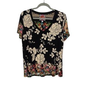 Johnny Was Black Multicolor Floral Short Sleeve Tee